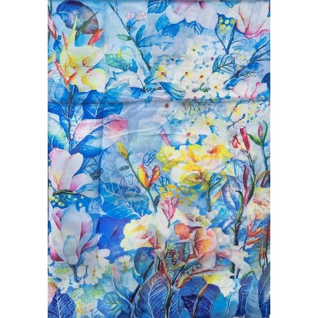 S 032-7 Стилен комплект от копринен син шал с флорални мотиви и красива брошка