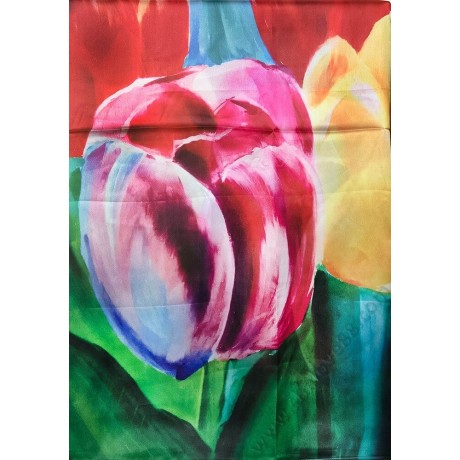 S 032-8 Уникален комплект от копринен шал в зелено с красиви лалета и стилна дамска брошка