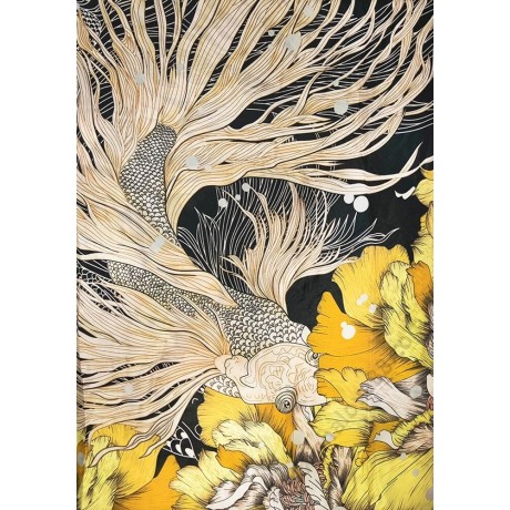 S 2140 Прекрасен копринен шал с магично преплетени цветове от бежово, черно и жълто в стилна хармония