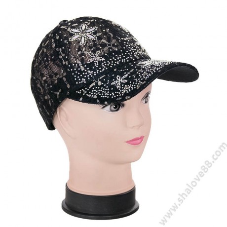 S 254 Блестяща красива дантелена шапка с камъни и брокат в черно