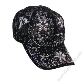 S 254 Блестяща красива дантелена шапка с камъни и брокат в черно