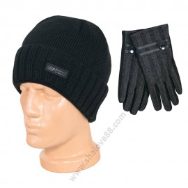 S 2225 черен /5707-2 Комплект мъжка шапка и ръкавици в черно