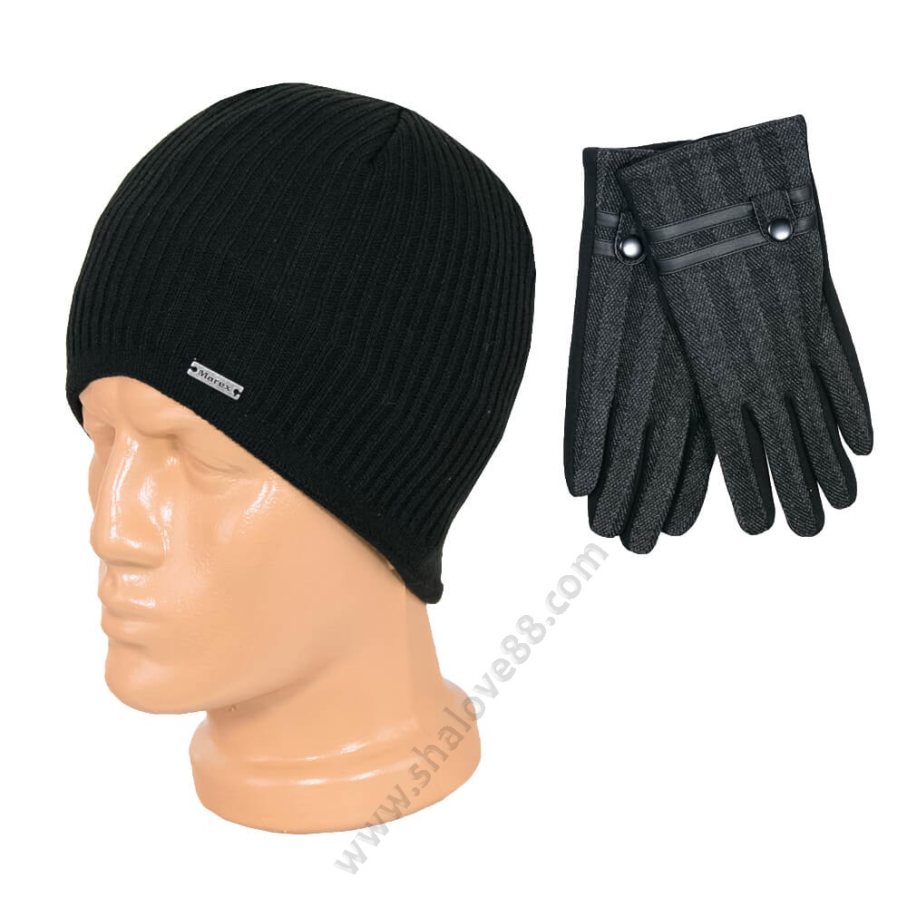 S 2223 черен /5707-2 Комплект мъжка шапка и ръкавици в черно