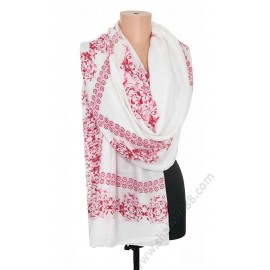 S 0248 Дамски фин ефирен шал с розови орнаменти