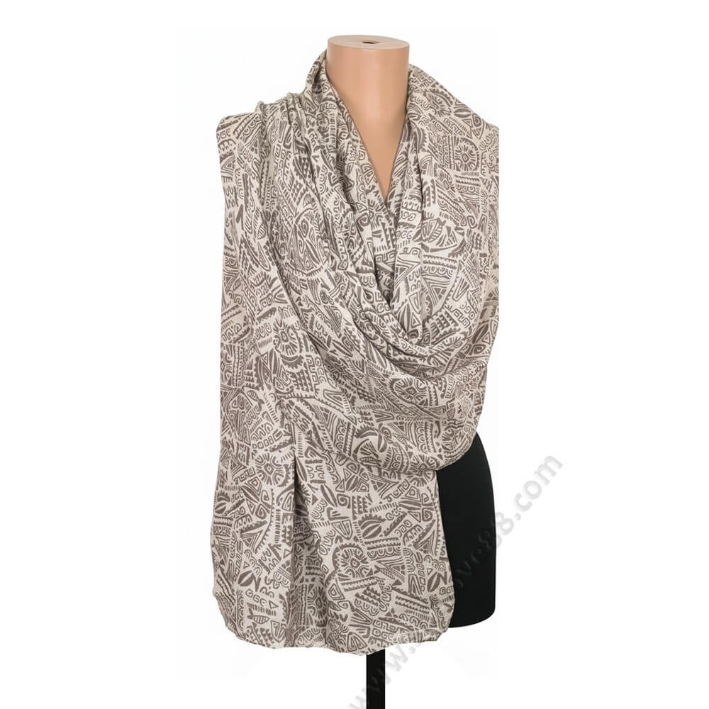 Голям дамски шал в бежово с етно мотиви и фина мека материя S 0247.