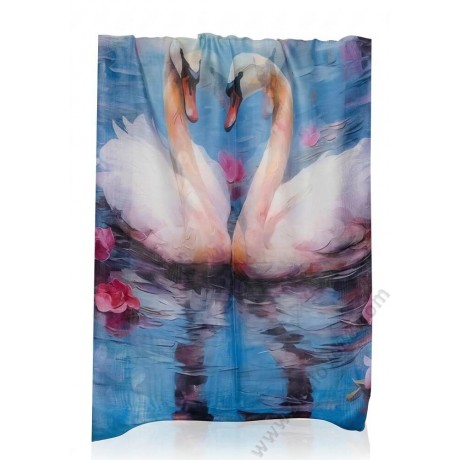 S 0313 Луксозен памучен шал „Езерна симфония“ с рисувани лебеди