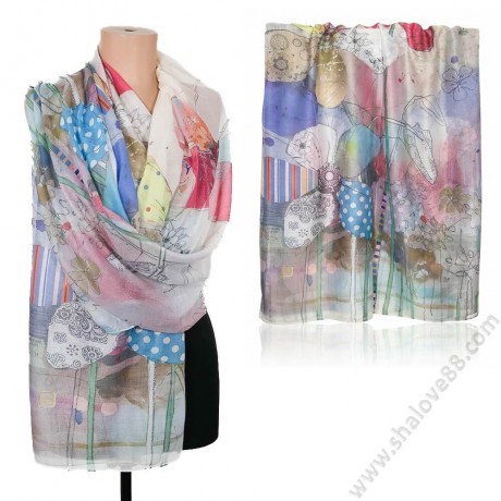 S 0312 Луксозен дамски шал от фин памук с ефирен художествен дизайн