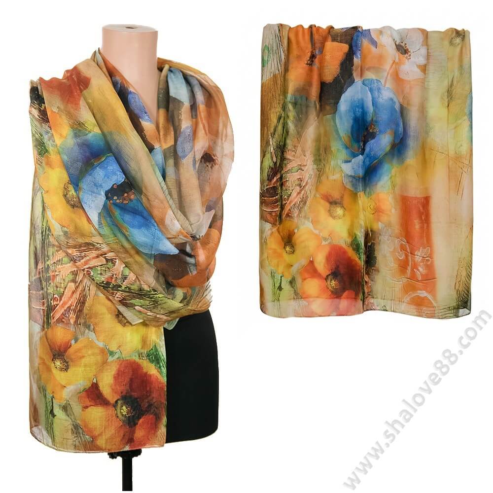 S 0314 Ефирен дамски шал от фин памук с артистични флорални мотиви