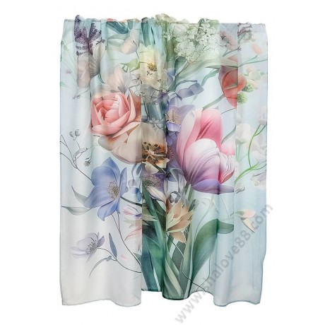 S 0315 Нежен памучен шал в светлозелено с красив букет цветя