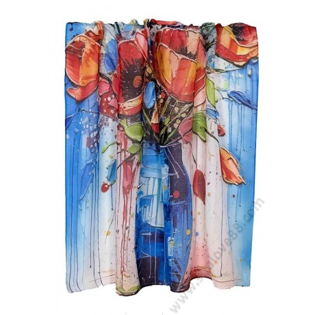 S 0320 Рисуван дамски шал от фин памук в сини нюанси с красиви червени макове ЛУКСОЗНА СЕРИЯ