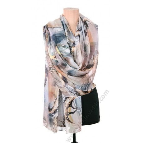 S 0317 Луксозен дамски шал от фин памук в сиво-бежови мраморни нюанси ЛУКСОЗНА СЕРИЯ