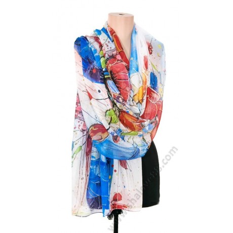 S 0320 Рисуван дамски шал от фин памук в сини нюанси с красиви червени макове ЛУКСОЗНА СЕРИЯ