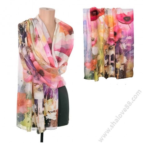 S 0318 Магичен дамски шал от фин памук в красиви цветове с полски макове ЛУКСОЗНА СЕРИЯ