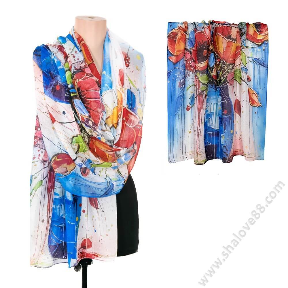 S 0320 Рисуван дамски шал от фин памук в сини нюанси с красиви червени макове ЛУКСОЗНА СЕРИЯ