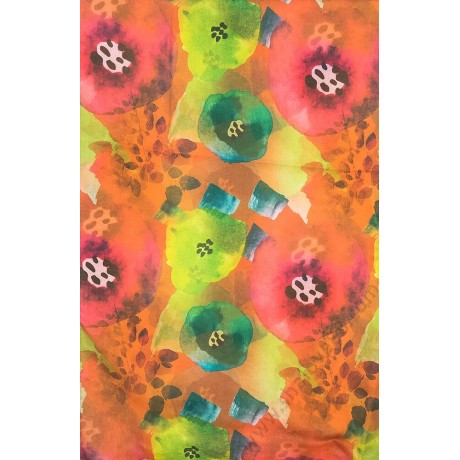 S 0952-4 Очарователен памучен шал с рисувани цветя в оранжево-зелени нюанси