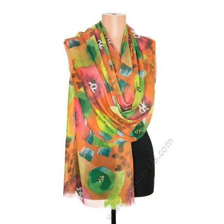 S 0952-4 Очарователен памучен шал с рисувани цветя в оранжево-зелени нюанси