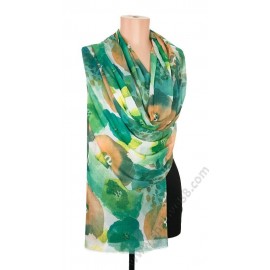 S 0952-1 Красив дамски шал с рисувани цветя в нежни зелени тонове