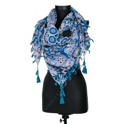 S 5859 Квадратен памучен шал с красиви цветя в  тюркоазеносиньо и сиво