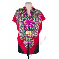 S 384 Руски малък шал с цветя и етно мотиви в червено