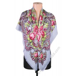 S 384 Руски малък шал с цветя и етно мотиви в сиво