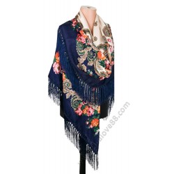 S 386 Голям руски шал с цветя в тъмносиньо