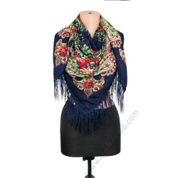 S 383 Красив руски шал с красиви цветя в тъмносиньо
