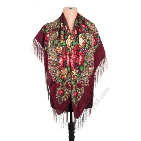 S 383 Красив руски шал с красиви цветя в бордо