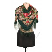 S 383 Красив руски шал с красиви цветя в тъмнозелено