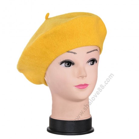 S 3842 Жълта елегантна дамска барета - 70 Вълна, Плетена