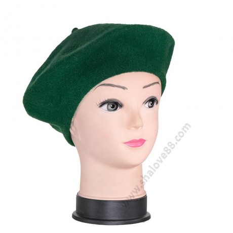S 3842 Тъмнозелен елегантна дамска барета - 70 Вълна, Плетена
