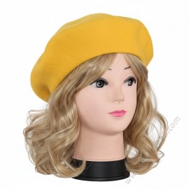S 3842 Жълта елегантна дамска барета - 70% Вълна, Плетена
