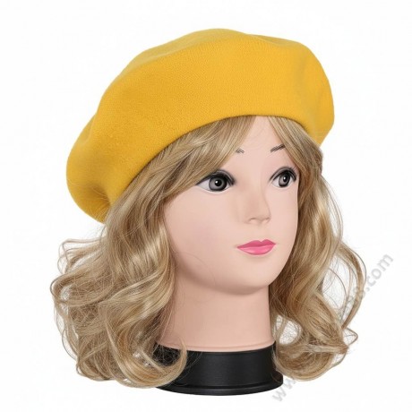 S 3842 Жълта елегантна дамска барета - 70 Вълна, Плетена