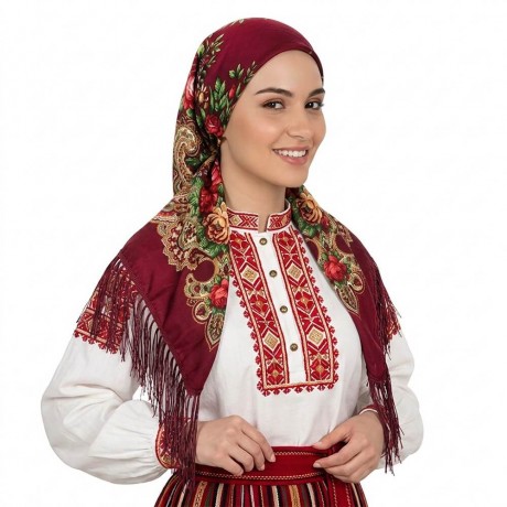 Българска традиционна забрадка бордо с флорални мотиви и ресни. Код S 383.