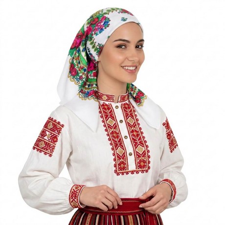 Бяла традиционна кърпа за глава с цветни рози и зелени листа.