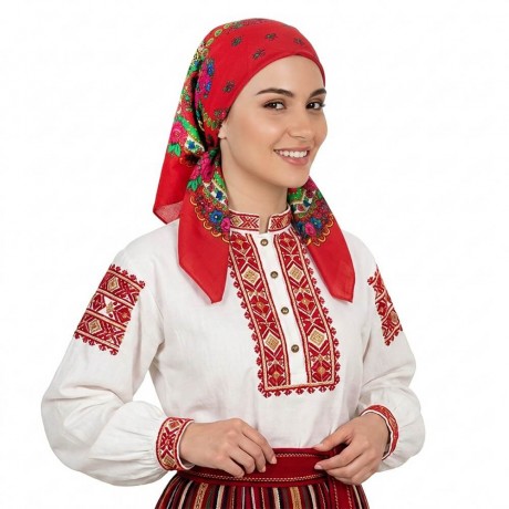 Яркочервена традиционна кърпа за глава с флорални декорации за носии.