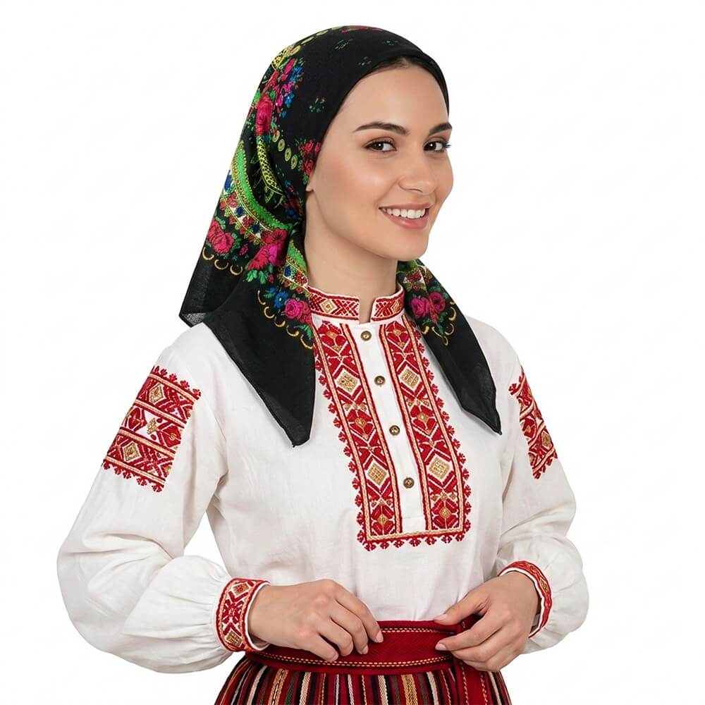 Черна забрадка за фолклор с красиви изрисувани флорални орнаменти.