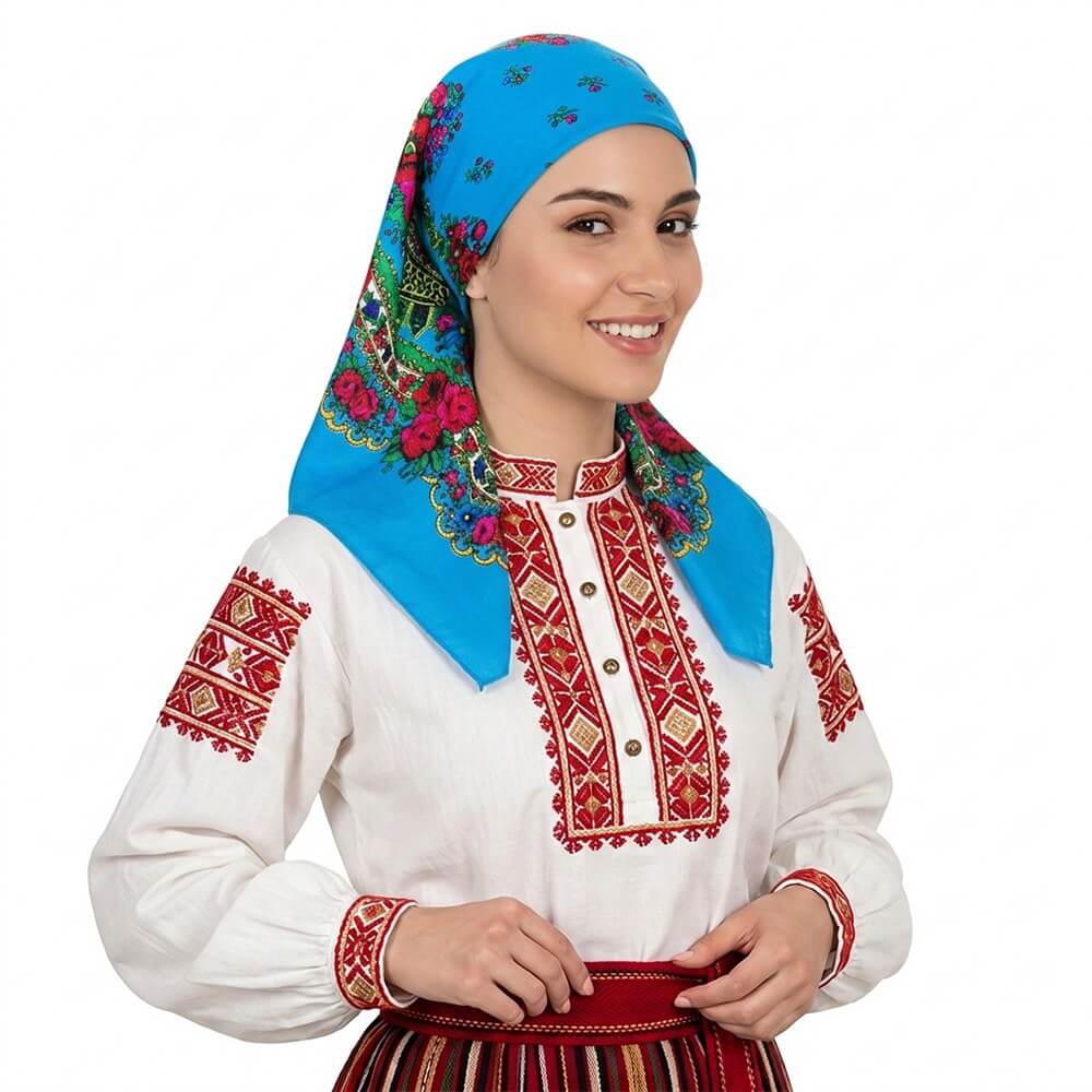 Светлосиня традиционна забрадка за народни танци с пъстри червени рози и зелени листа.