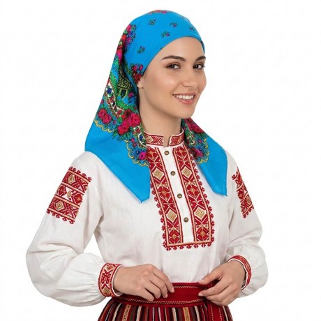 Светлосиня традиционна забрадка за народни танци с пъстри червени рози и зелени листа.