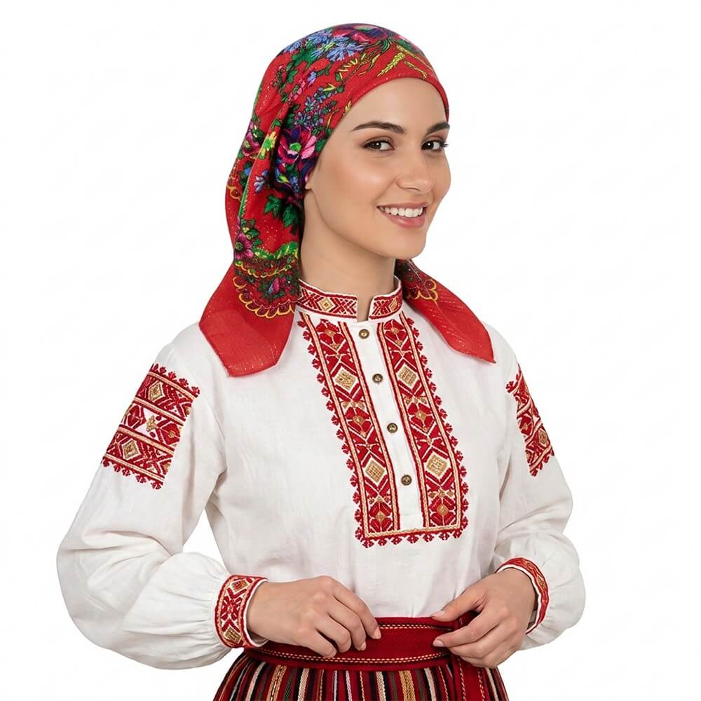 Червена фолклорна кърпа за глава с бляскави златни нишки и полски цветя.