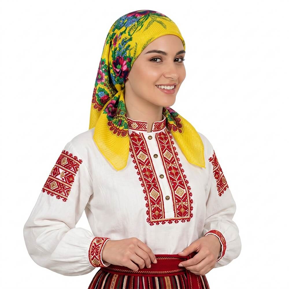 Жълта традиционна кърпа за глава с бляскави златни нишки и полски цветя.