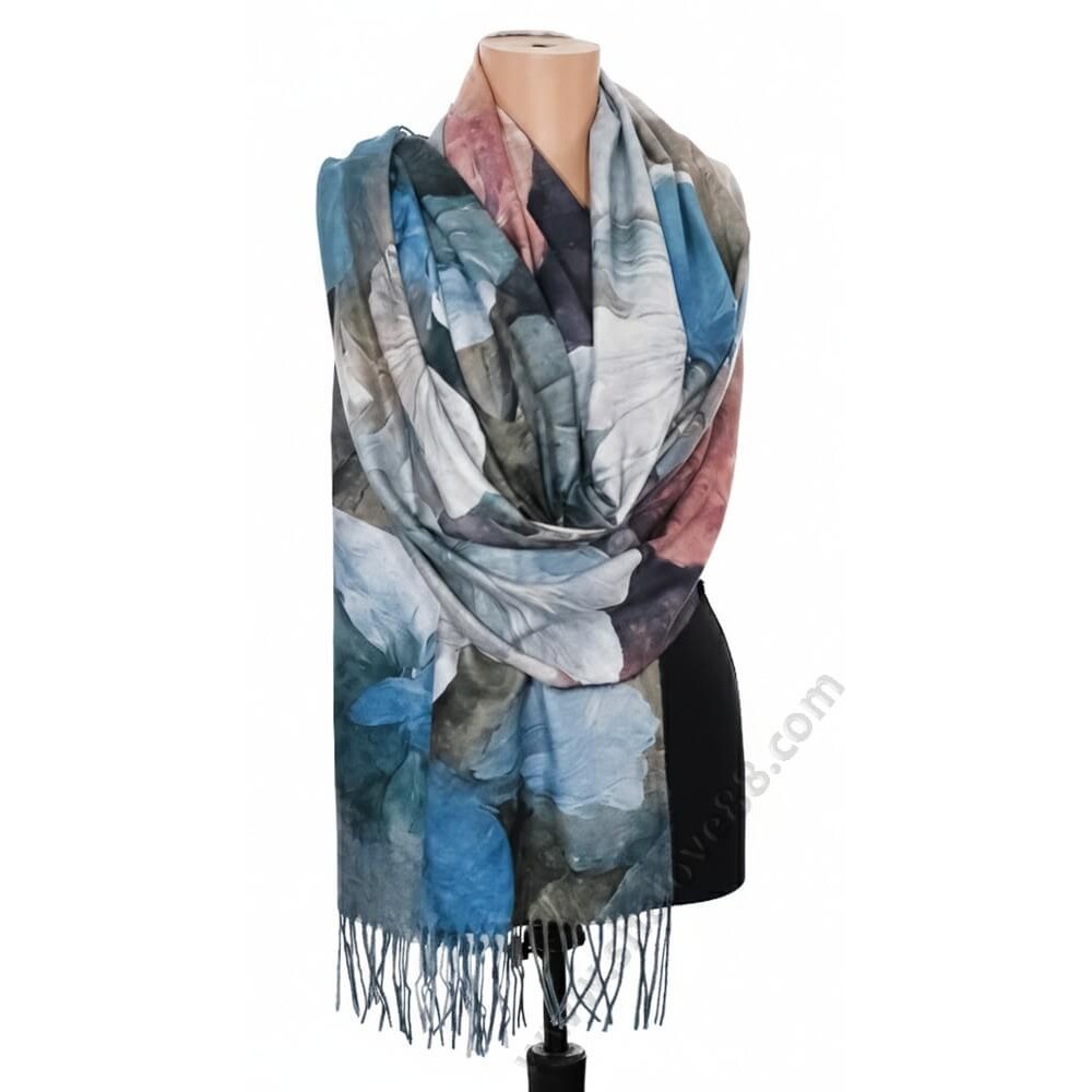 S 25231-2 Луксозен шал 100 кашмир с арт принт на нежни цветя