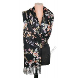 S 3606 Кашмирен класически дамски шал в черно "Бадемово дърво"