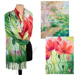 S 34860 Уникален кашмирен шал с две лица, картина "Макове"