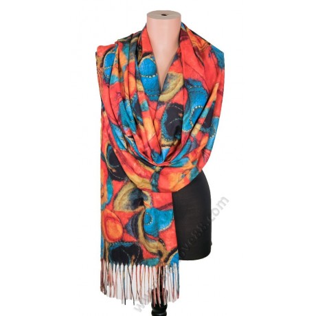 S 3607 червен /220-1 Комплект "Огнен залез" – кашмирен шал с арт принт и тъчскрийн ръкавици